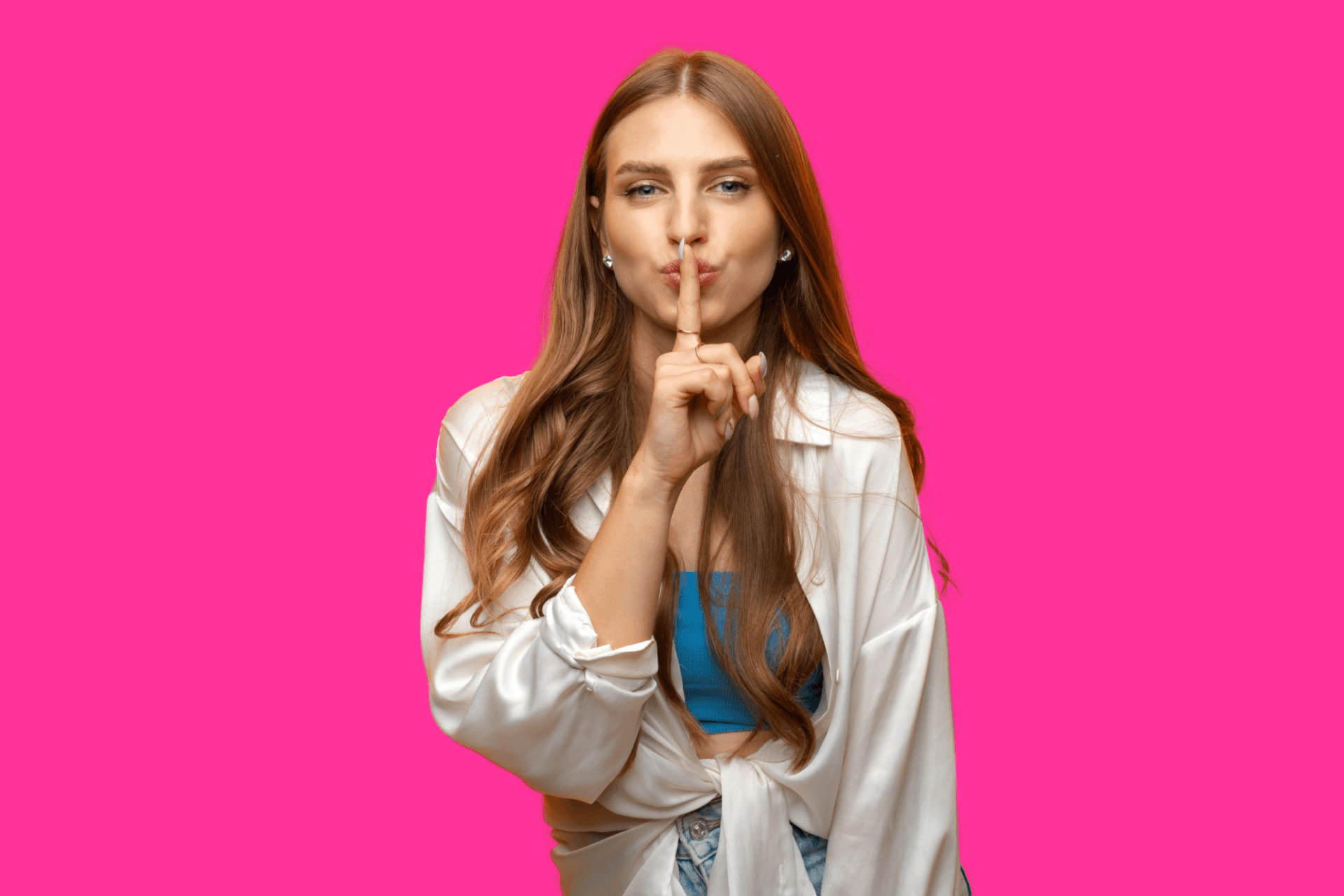 Sexual wellness female holding a finger to her mouth at Rewind Time Telehealth