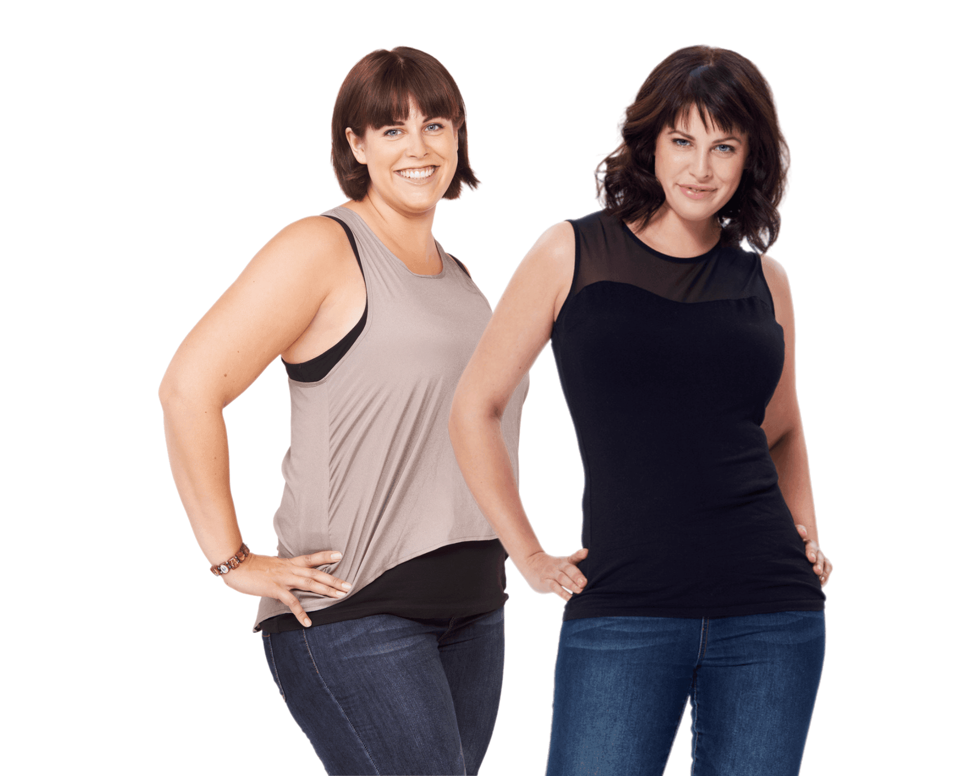 Two individuals posing together, wearing sleeveless tops and jeans against a white background.