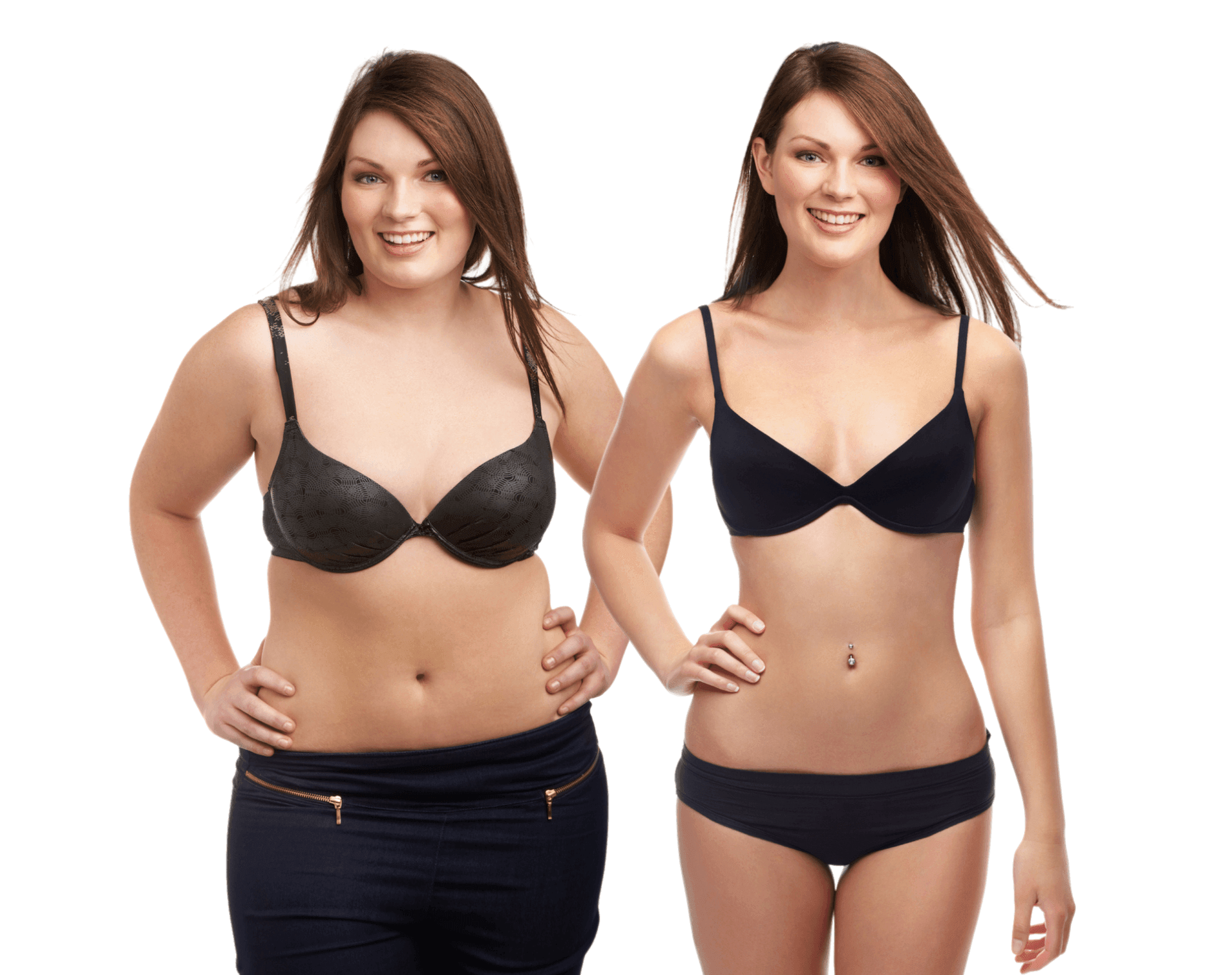 Before and after weight loss comparison of a woman in a dark bra and bottom.