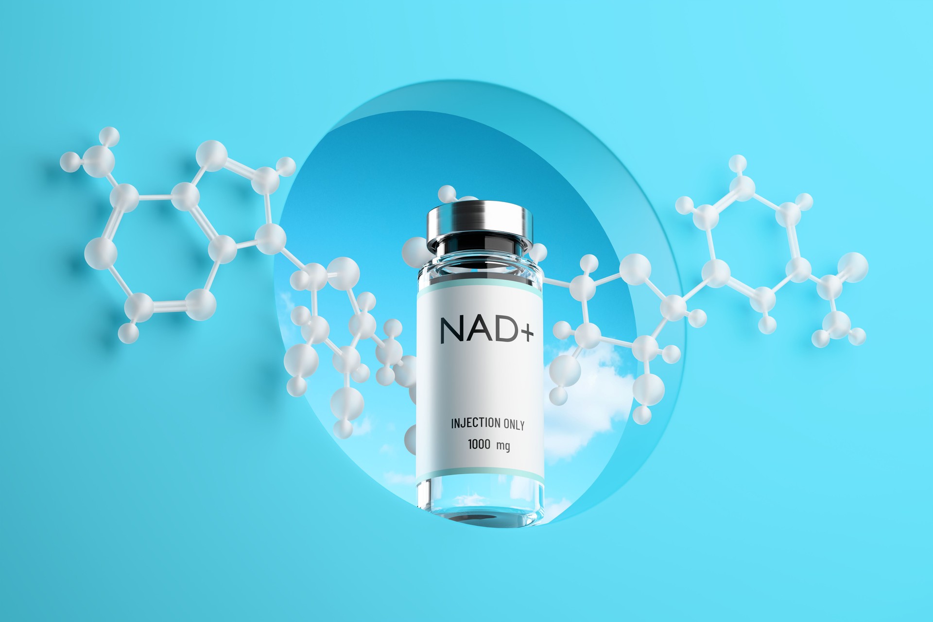 Bottom view of molecular structure NAD and ampoule with solution for injection in the hole on blue background. Concept of anti-aging therapy and life extension. 3d render, illustration.