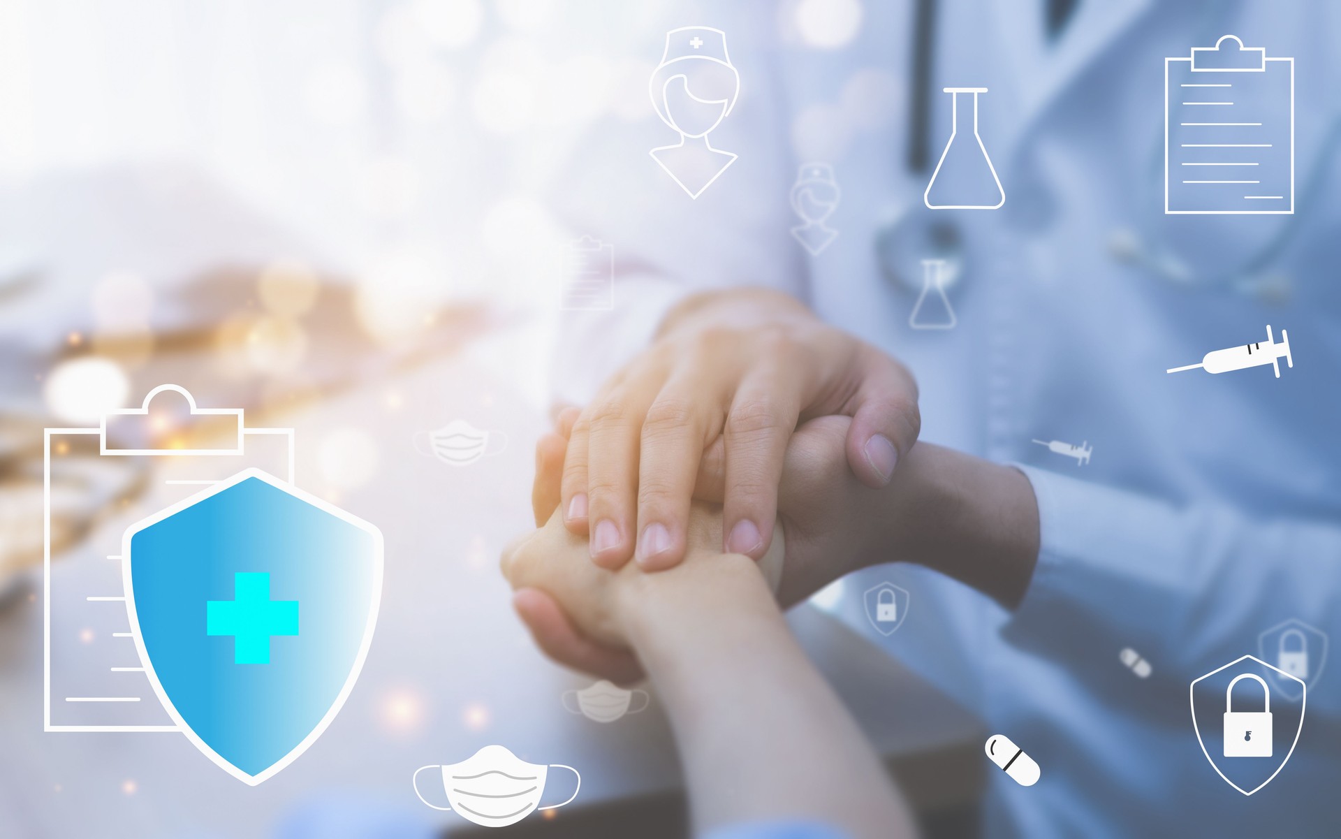 The doctor hand holding old woman client and trust encourage the patient and take care with medical insurance icons concept trust to medical critical illness insurance.