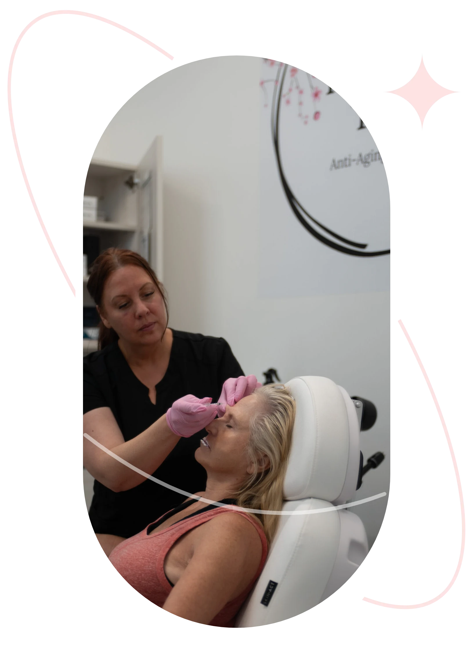 Laura McDonald, MSN, APRN, FNP-BC administering a neurotoxin treatment to a client at Rewind Time Anti-Aging & Aesthetics in Lenexa, KS